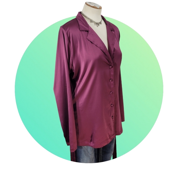 NWOT Satin Burgundy Long Sleeve Button Down Shirt - Picture 2 of 9